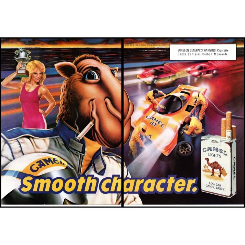 1989 Camel Cigarettes 2 Page Vintage Print Ad Joe Race Car Track Blonde Wall Art